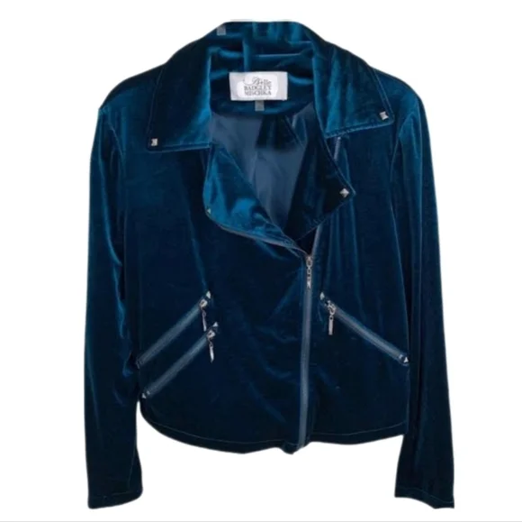 Badgley Mischka Jacket Velvet Chic Moto Turquoise Size S - Picture 3 of 16